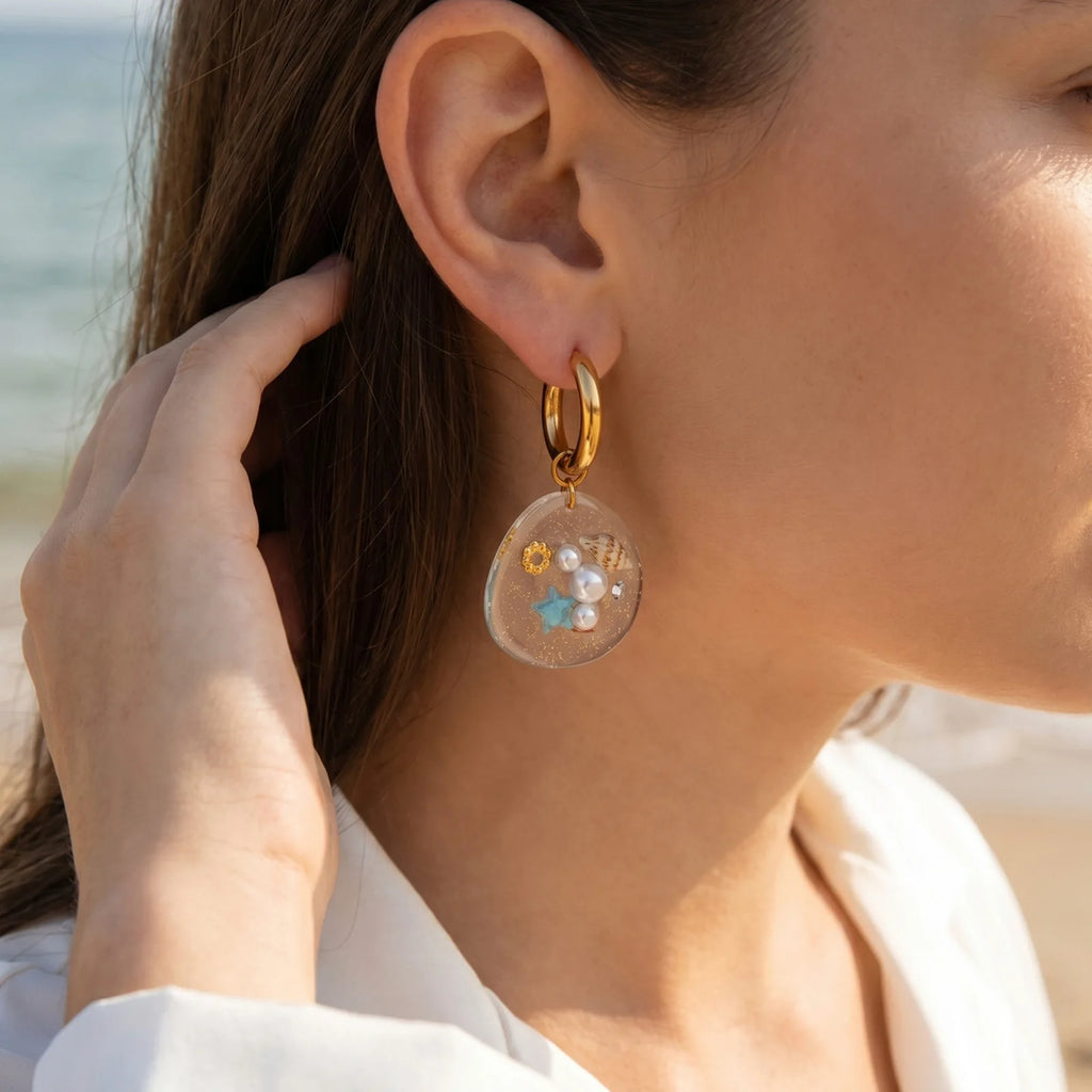 Resin Ocean Drop Earrings | Seashell Starfish 18K Gold Plated Drop Earrings SPOT