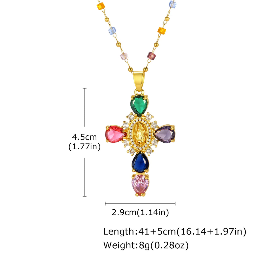 Multicolor CZ Cross Necklace – 18K Gold Plated Stainless Steel Cross Pendant Necklace SPOT PNB-415GH