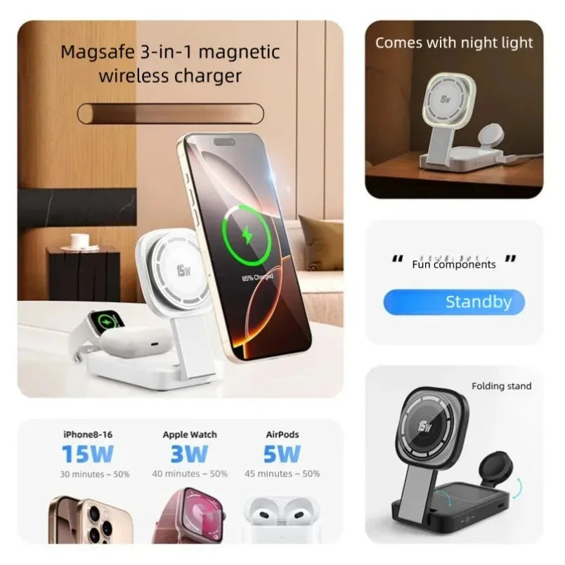 VIKEFON 3-in-1 Magnetic Wireless Charger – iPhone, iWatch & AirPods Wireless Charging Station SPOT
