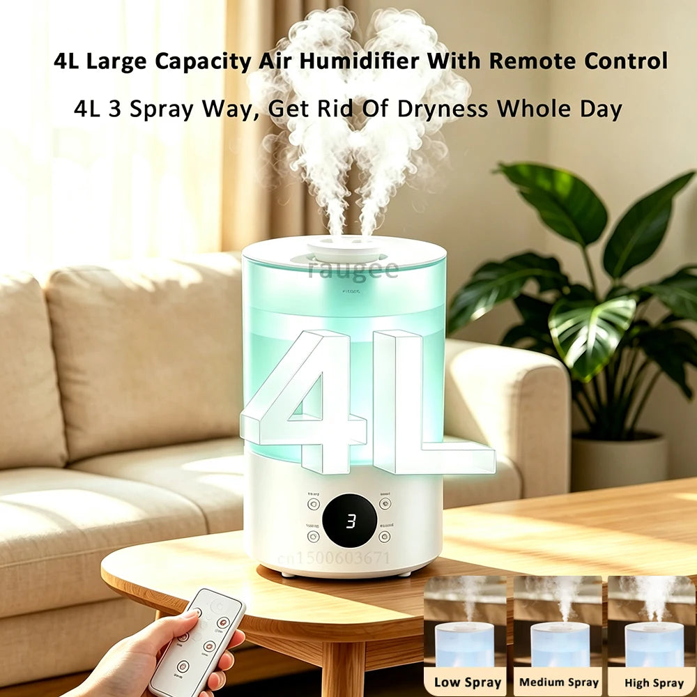 Raugee 4L Ultrasonic Humidifier – Dual Nozzle, LED & Remote Ultrasonic Humidifier SPOT