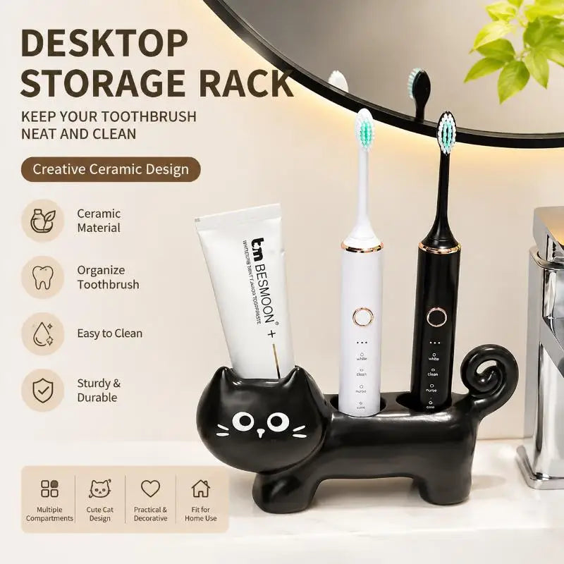 Black Cat Ceramic Toothbrush Holder – 3-Slot, Non-Slip Base Toothbrush Holder SPOT