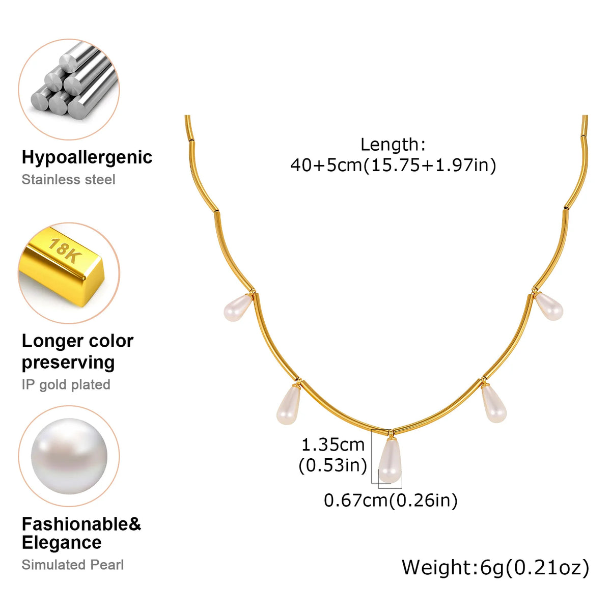 Teardrop Pearl Tube Chain Necklace – Gold Stainless Steel Pearl Chain Necklace SPOT