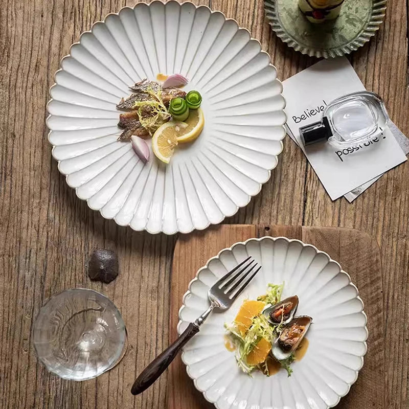 Embossed Shell-Edge Ceramic Plate – 8" & 10.5" Salad & Steak Ceramic Dining Plate SPOT