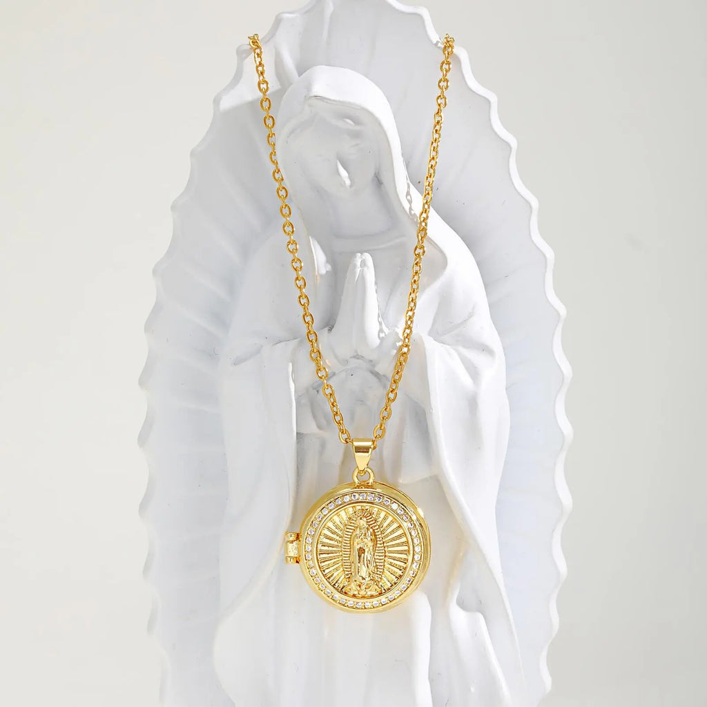 Round Zircon Virgin Mary Pendant Necklace – Gold Adjustable Chain Pendant Necklace SPOT