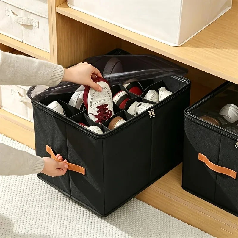 12-Grid Foldable Shoe Organizer Box – Clear Window & Handle Shoe Storage Box SPOT