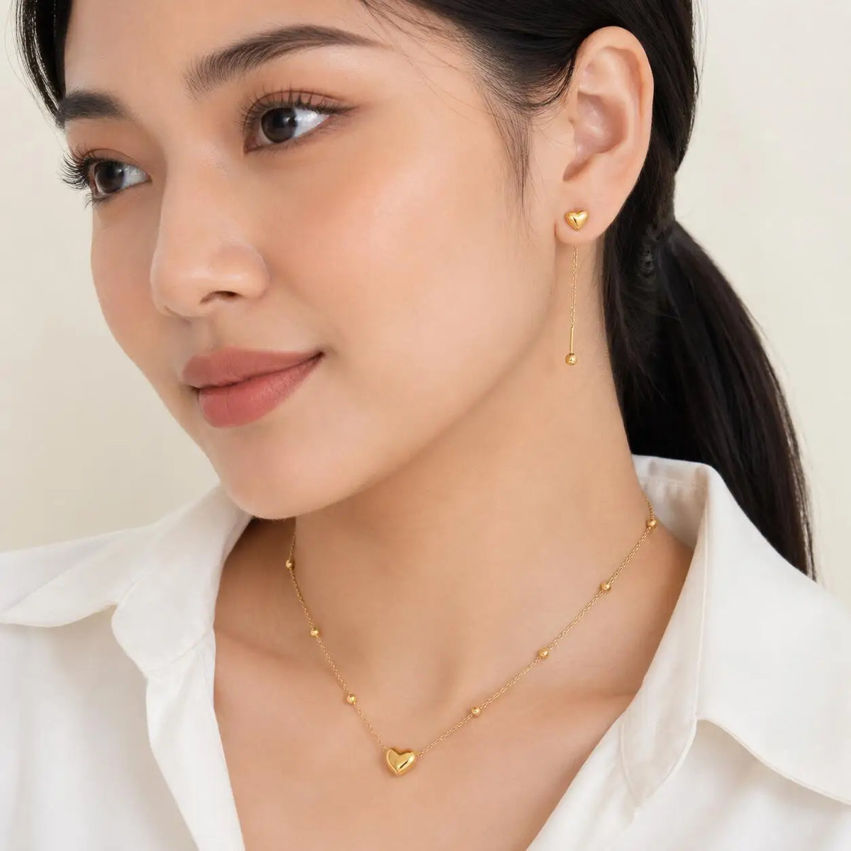 Gold Plated Heart Necklace & Earrings Set – Hypoallergenic Jewelry Set SPOT