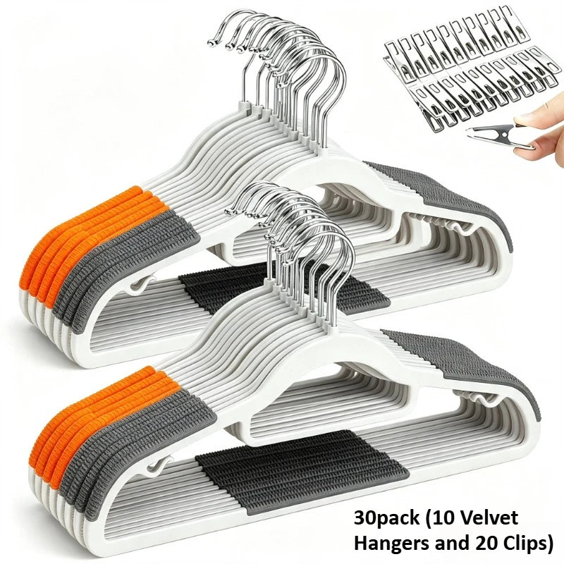 30-Pack Velvet Hanger Set – 10 Hangers & 20 Clips, Space-Saving Velvet Clothes Hangers SPOT