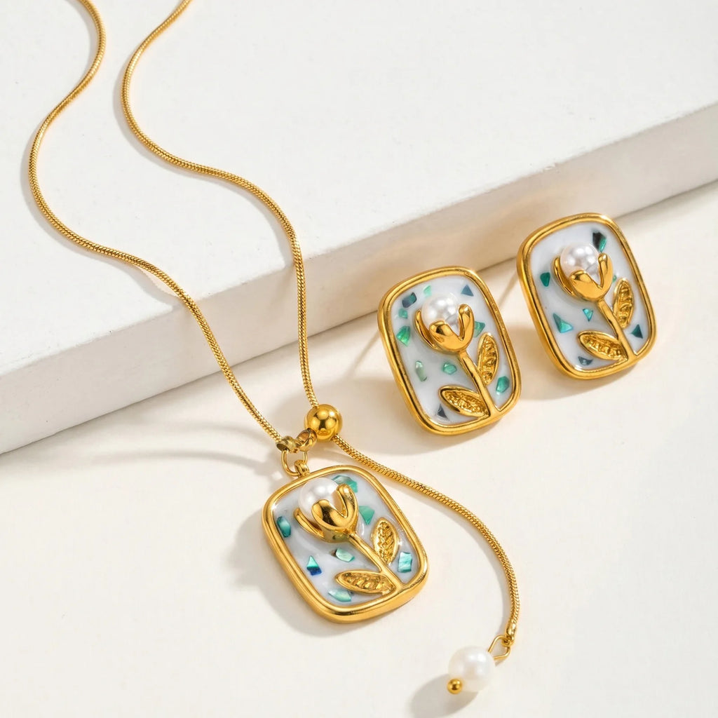 Tulip Pearl Jewelry Set – Gold Plated Necklace & Earrings Pearl Jewelry Set SPOT Default Title