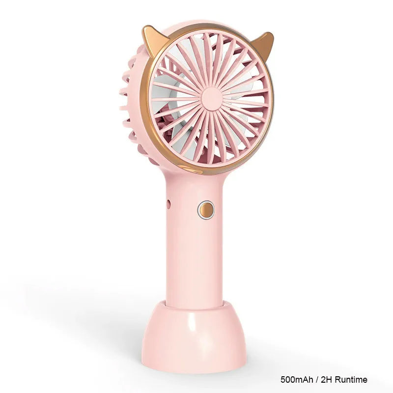 Cat Ear Mini Handheld Desk Fan – USB Rechargeable, LED Light Handheld Desk Fan SPOT Pink