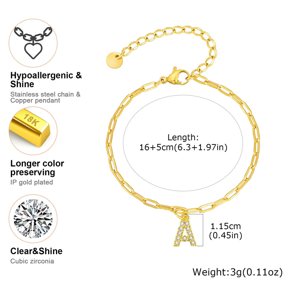Cubic Zirconia Initial Bracelet – Paperclip Link, 26 Letters Initial Charm Bracelet SPOT