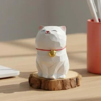 Hand-Carved Wooden Cat Figurine – Lucky Desk Ornament Wood Cat Figurine SPOT