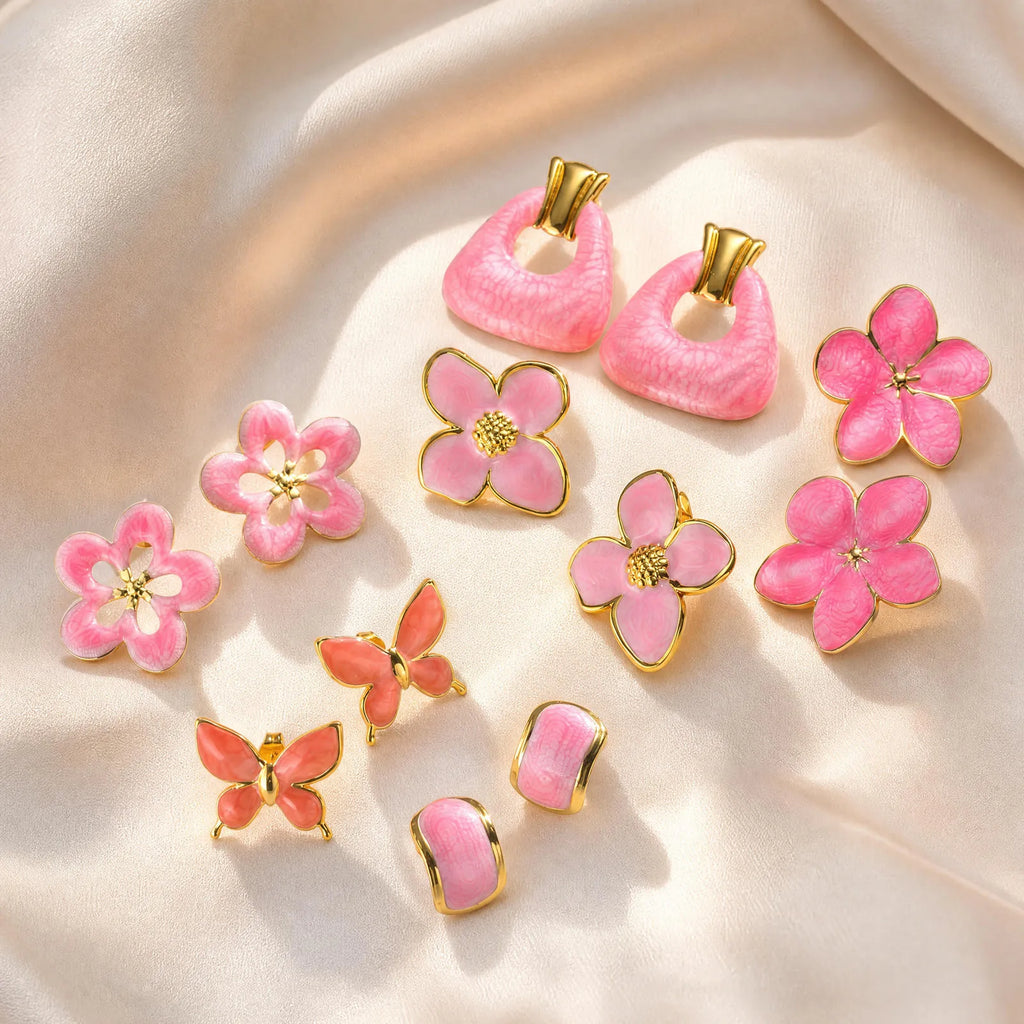 Pink Enamel Stud Earrings – Stainless Steel Floral & Butterfly Stud Earrings SPOT