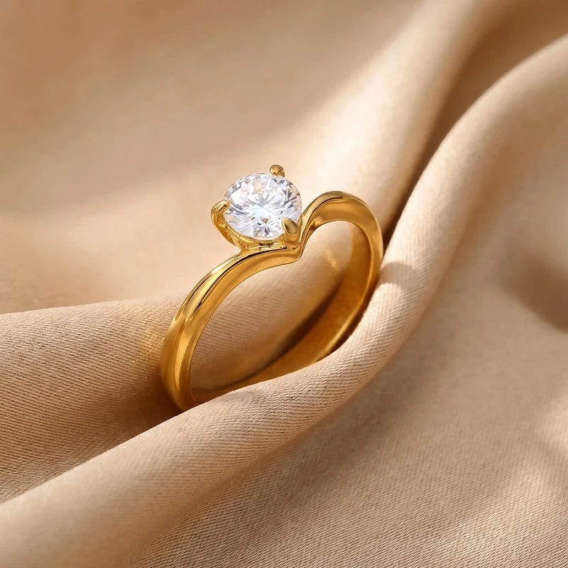 Chevron Solitaire Ring – 18K Gold Plated CZ V Band for Women Fashion Ring SPOT