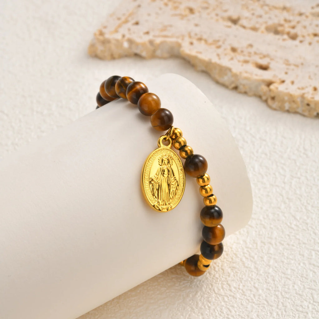 Virgin Mary Cross Rosary Bracelet – Tiger Eye Beaded, Women Religious Beaded Bracelet SPOT