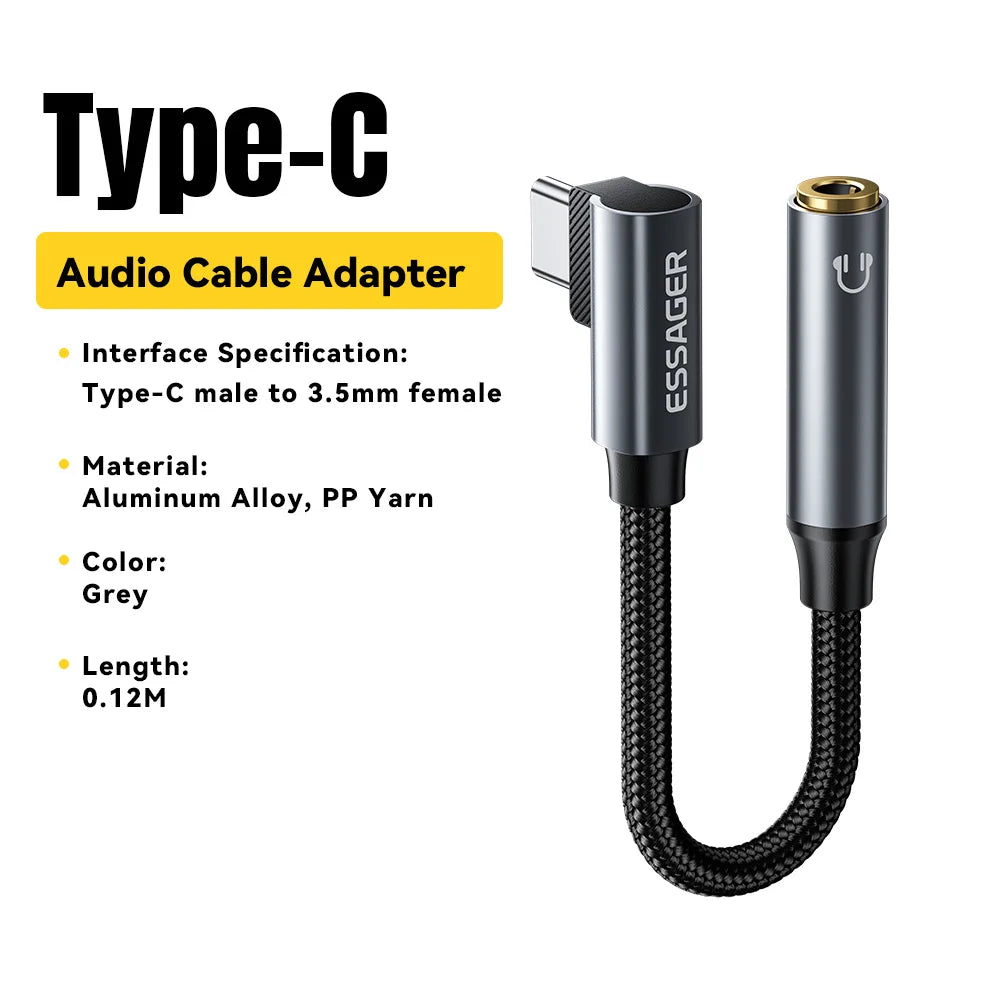 Essager L-Shape USB-C & Lightning to 3.5mm Audio Adapter Audio Adapter Cable SPOT Type C to 3.5mm 0.12M