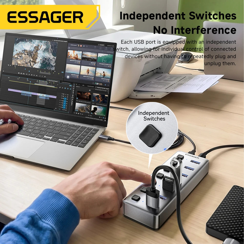 Essager 7-Port USB 3.0 Hub 5Gbps Splitter with 24W Charger USB Hub SPOT