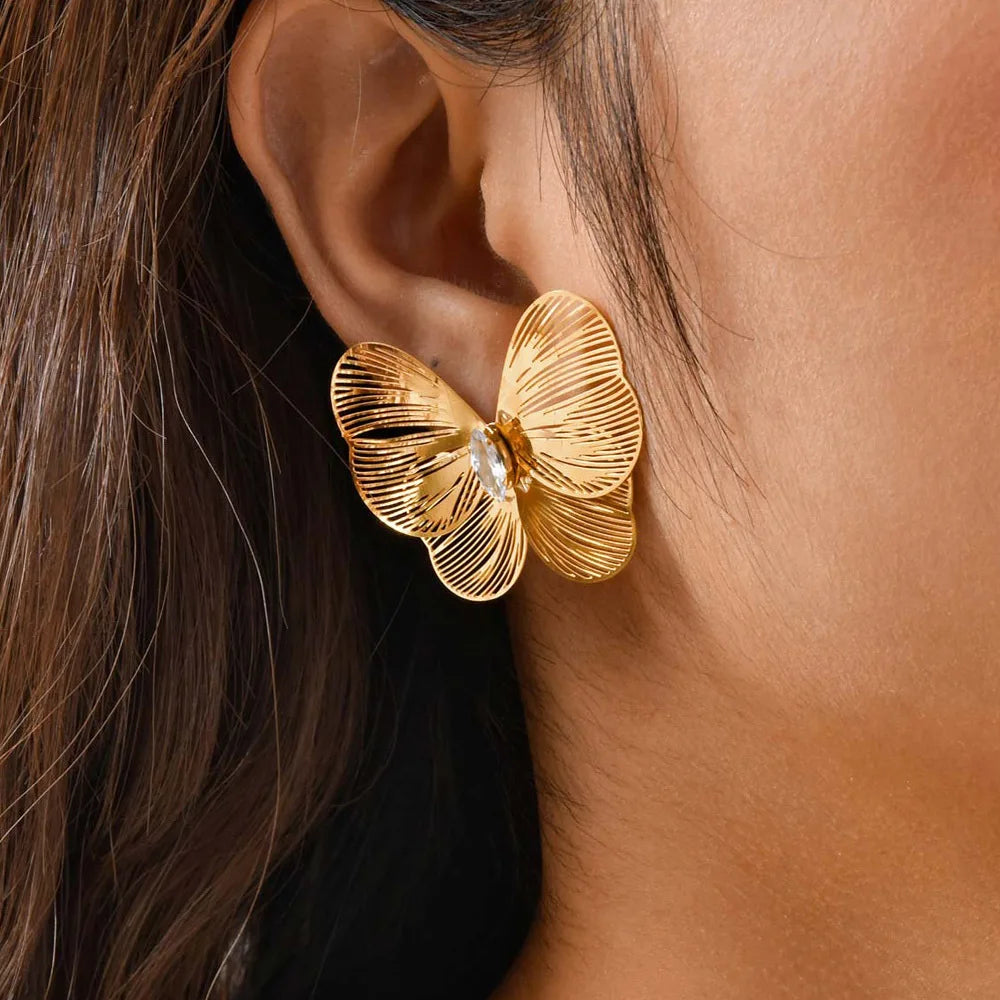 Butterfly Wing CZ Stud Earrings – Gold Stainless Steel Women Stud Earrings SPOT
