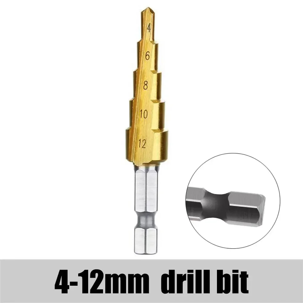 Titanium HSS Step Drill Bit Set – 3-12mm, 4-12mm, 4-20mm Step Drill Bit Set SPOT 4-12mm Hexagon