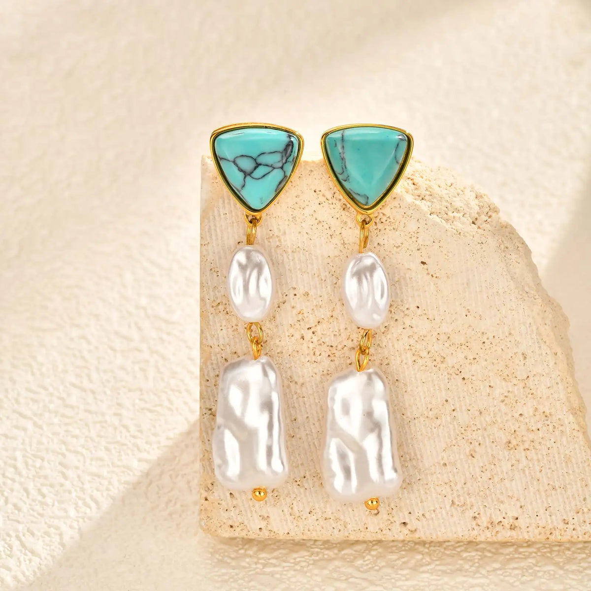 Turquoise & Pearl Long Dangle Earrings – Gold Stainless Steel Drop Dangle Earrings SPOT