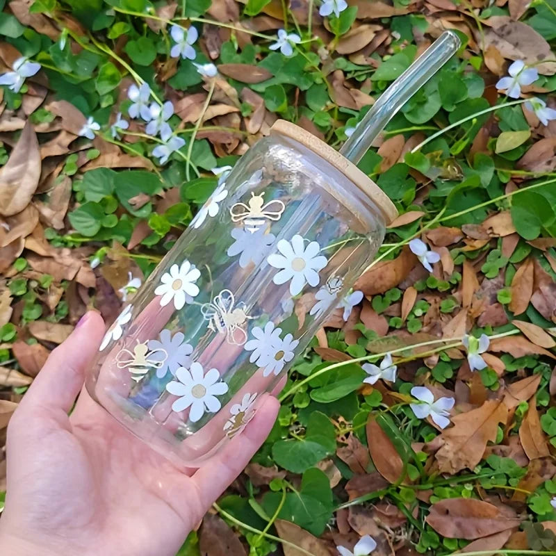 16oz Daisy Glass Cup with Lid & Straw – Iced Coffee Cup Glass Tumbler Cup SPOT