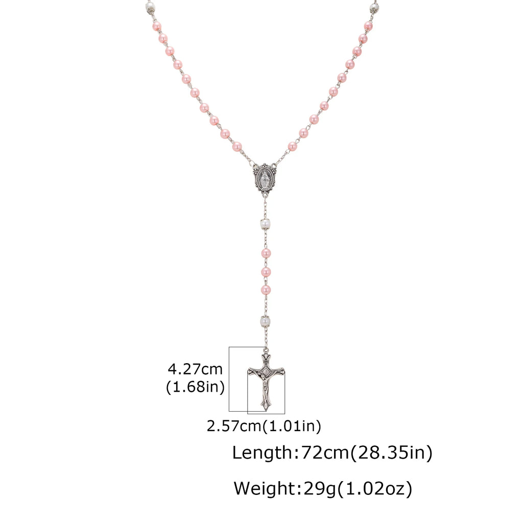 Pink Pearl Rosary Necklace – Virgin Mary Cross Catholic Gift Religious Pendant Necklace SPOT NC-2896S