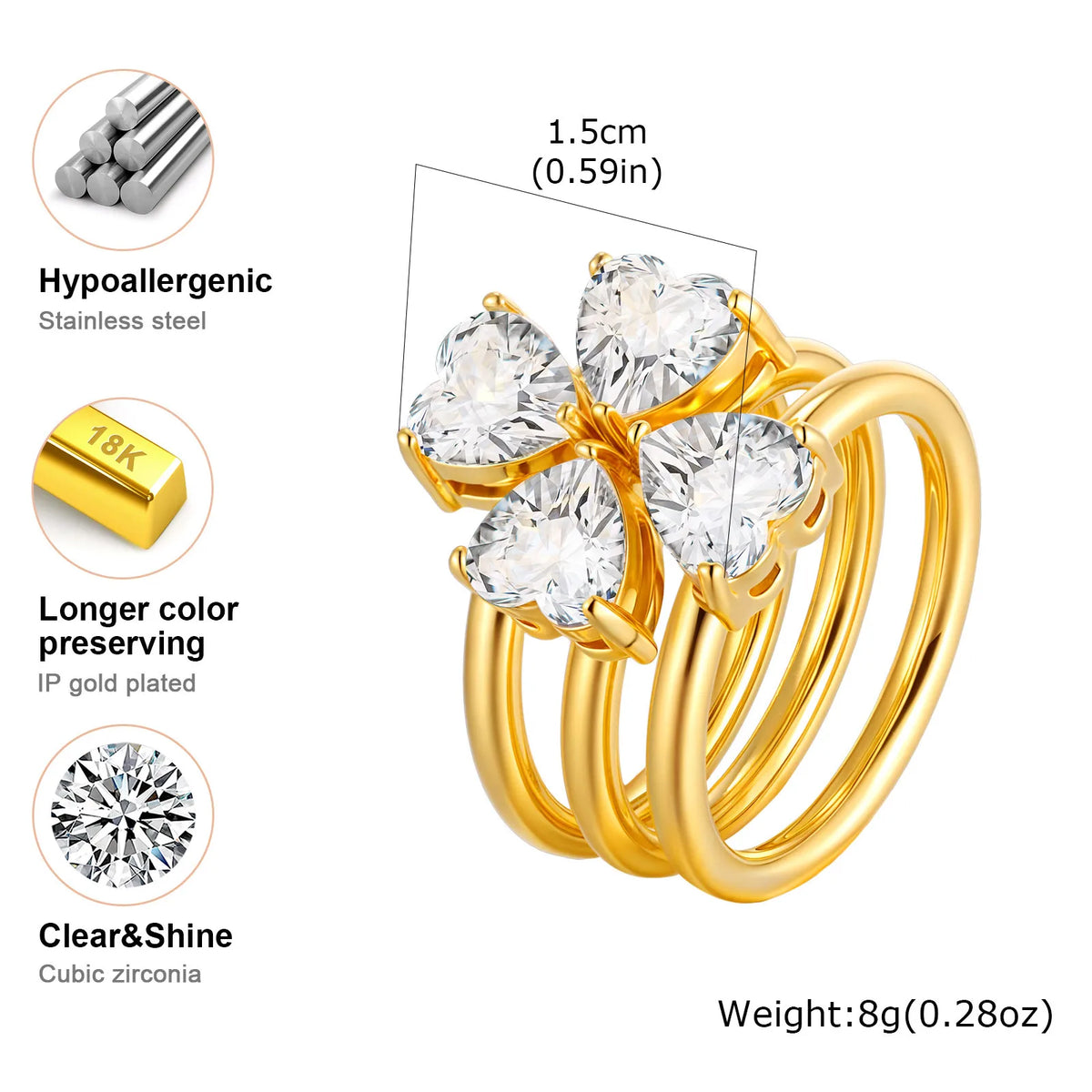 3-Piece Heart Stackable Ring Set – 18K Gold Plated Rhinestone Stackable Ring Set SPOT
