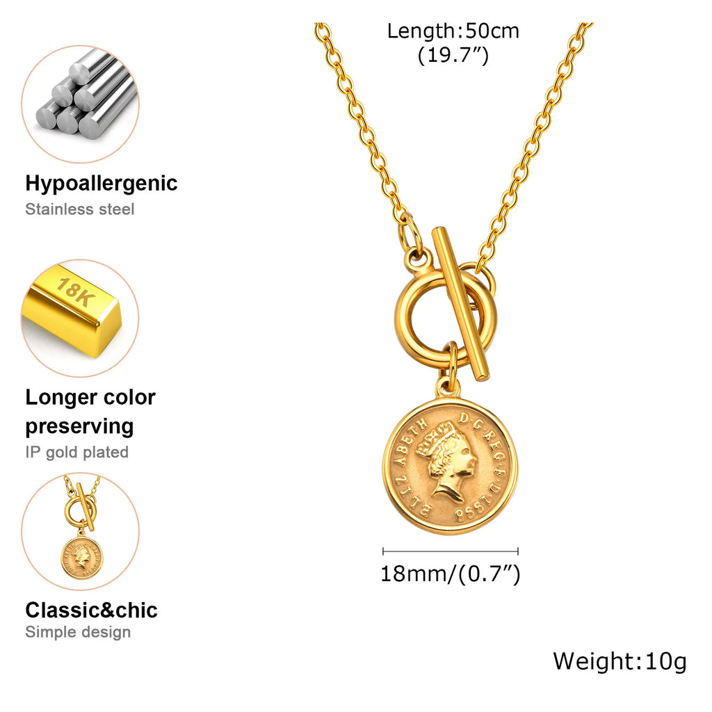 Queen Elizabeth Medallion Coin Necklace – 14K Gold Plated Pendant Necklace SPOT