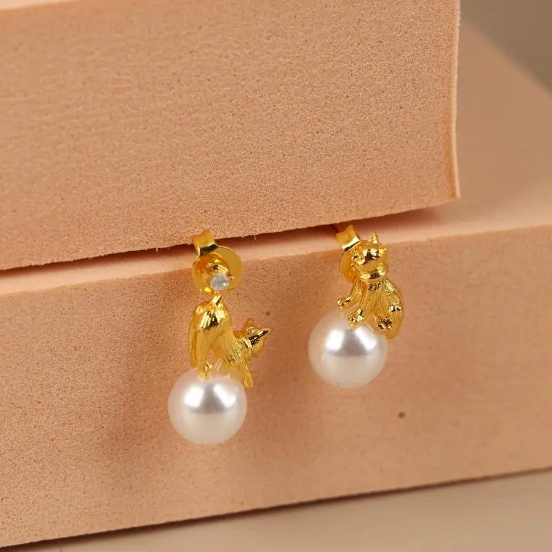 Funny Cat Pearl Stud Earrings – Asymmetric Animal Jewelry Stud Earrings SPOT