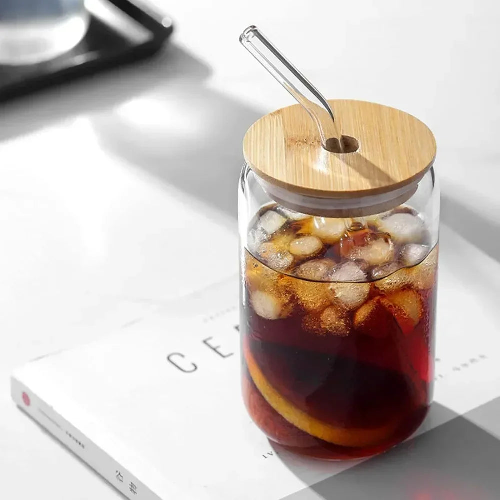 Glass Cup with Bamboo Lid & Straw – 350ml/550ml Mason Jar Mug Glass Drinkware Set SPOT