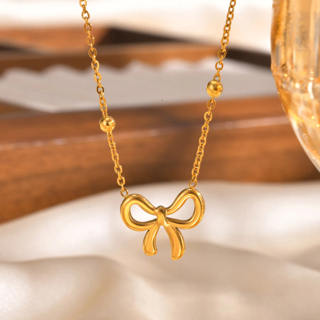 Women's 18K Gold Bow Pendant Necklace – Dainty Satellite Chain Pendant Necklace SPOT