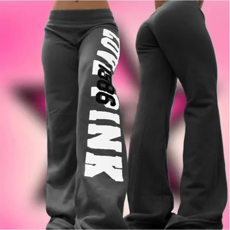 Women's Y2K Letter Print Wide-Leg Velvet Trousers | Retro Style Wide-Leg Trousers SPOT dark gray S