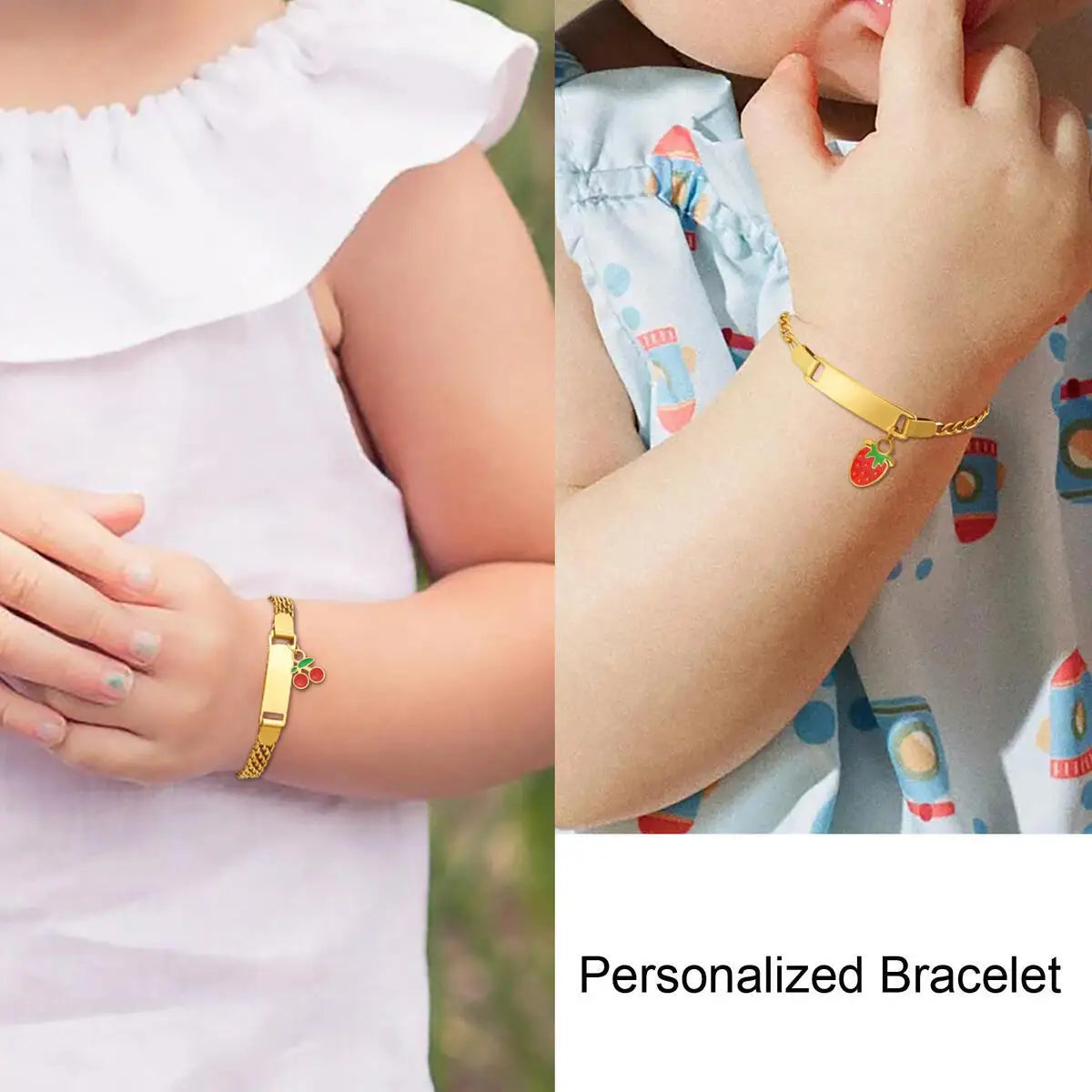 Personalized Children's Name Bracelet – Strawberry Cherry, Gold Personalized Kids Bracelet SPOT