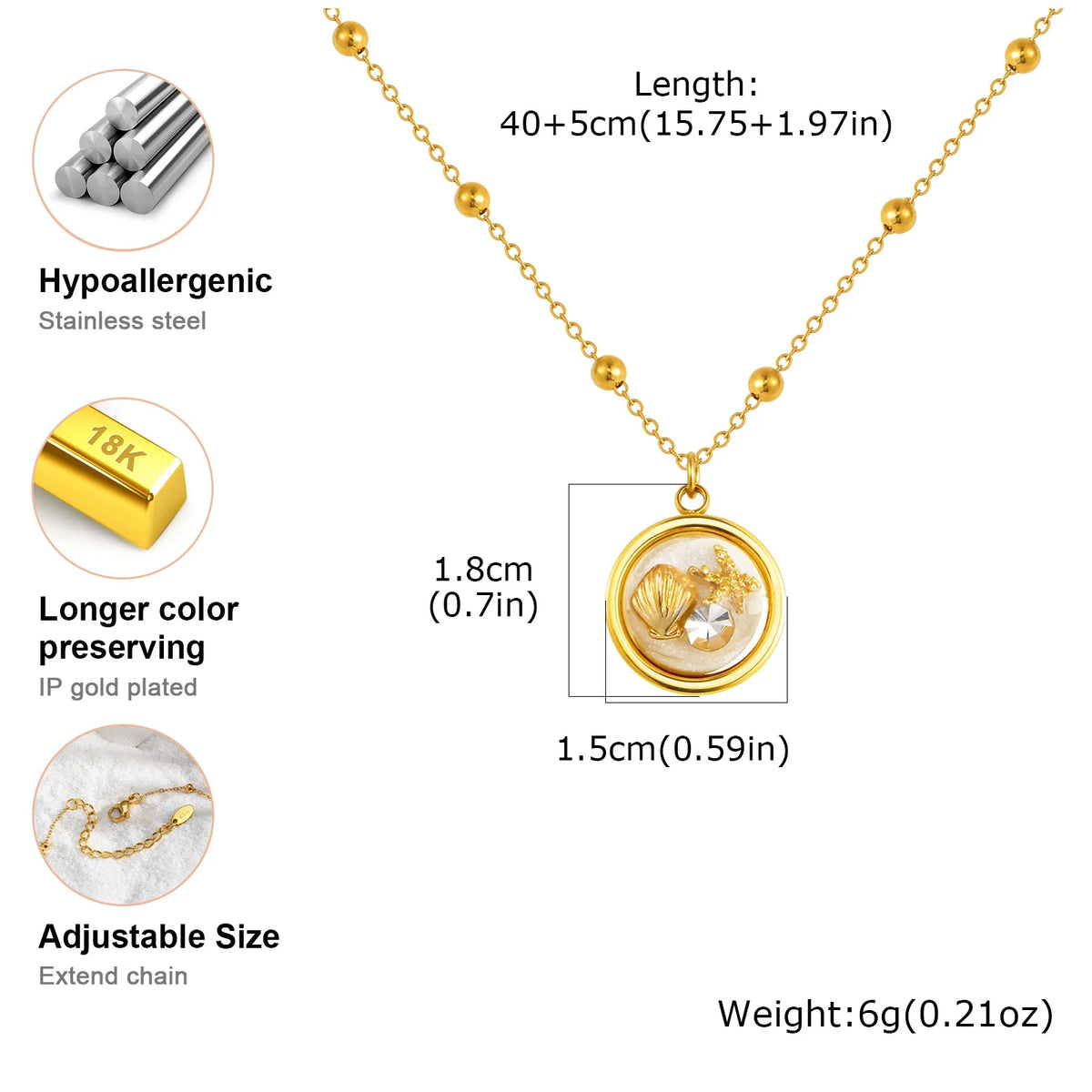 Round Zirconia Shell Pendant Necklace – Waterproof Gold Chain Pendant Necklace SPOT