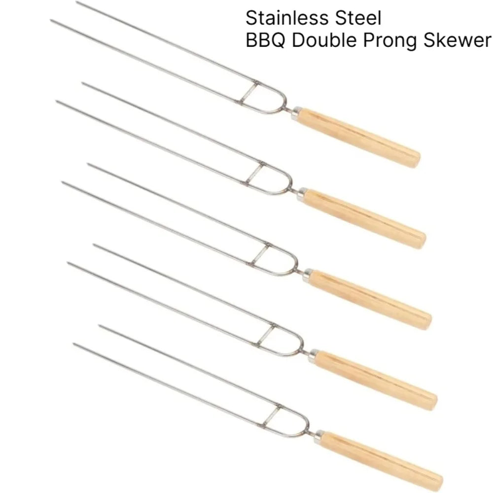 Stainless Steel BBQ Double Prong Skewers | Wood Handle Grill Fork BBQ Grill Skewers SPOT