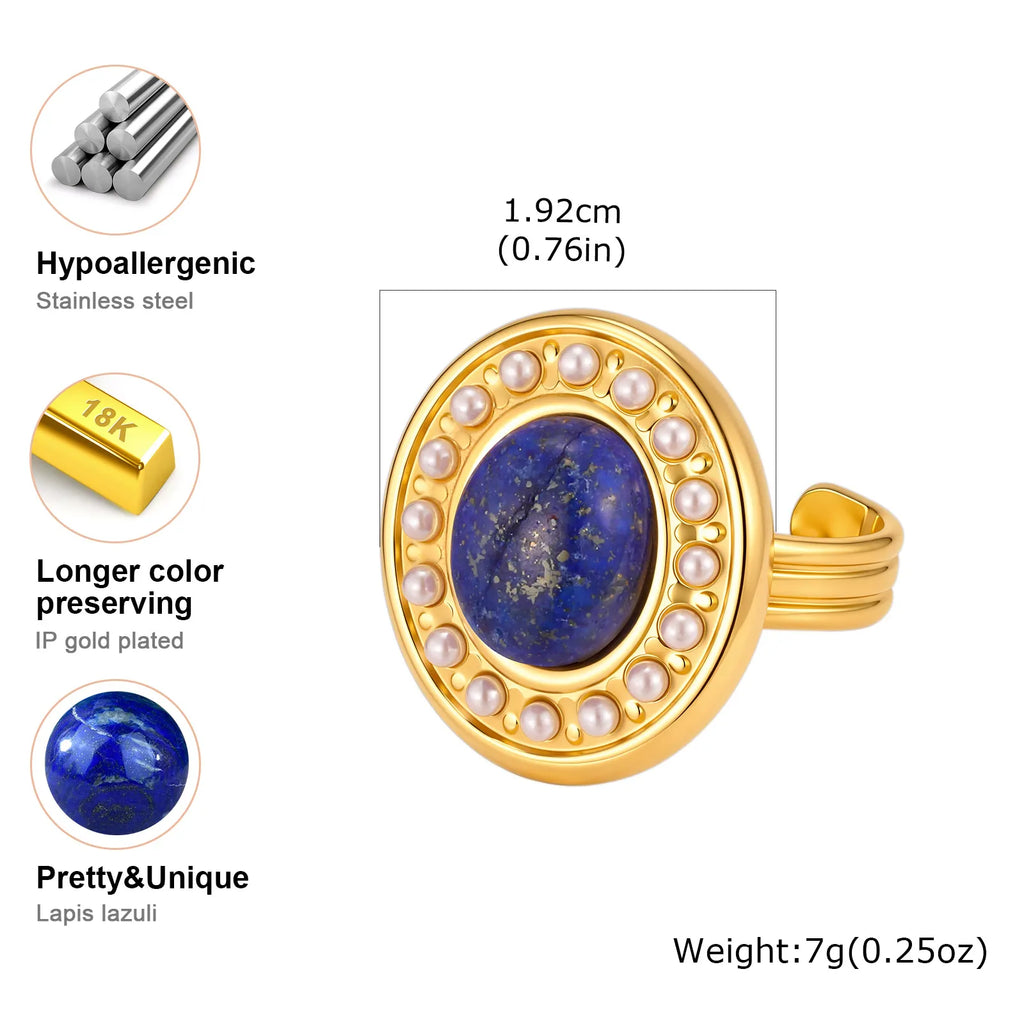 Vintage Lapis Lazuli Oval Ring – 18K Gold Open Band Cocktail Statement Ring SPOT