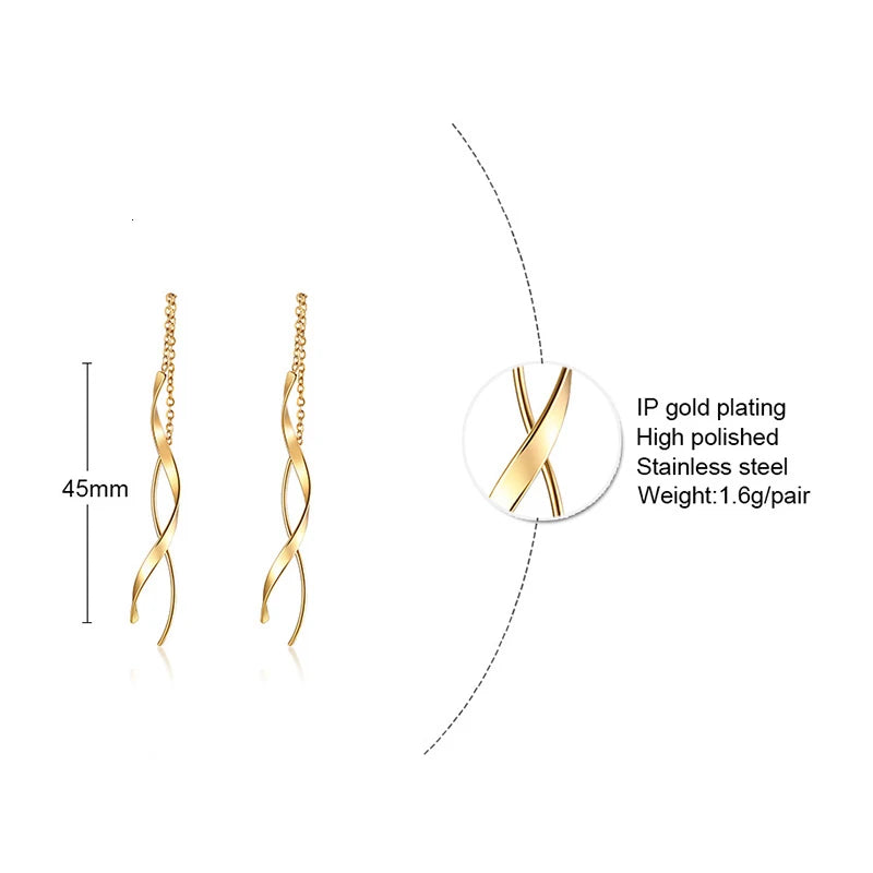 Spiral Bar Threader Earrings – Long Drop Stainless Steel Dangle Drop Threader Earrings SPOT