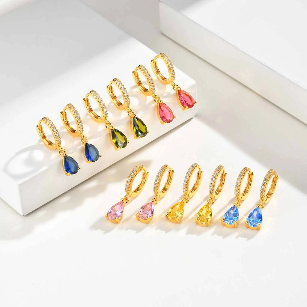 Birthstone Teardrop Dangle Hoop Earrings – CZ Huggie Hoops Huggie Hoop Earrings SPOT