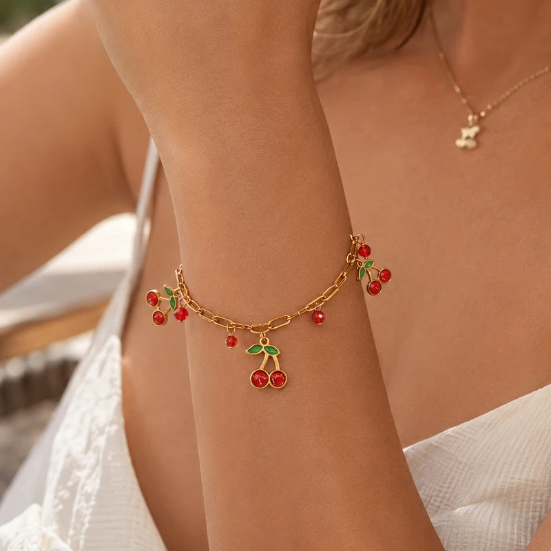 18K Gold Cherry Charm Bracelet – Y2K Crystal Bead Double Layer Charm Bracelet SPOT