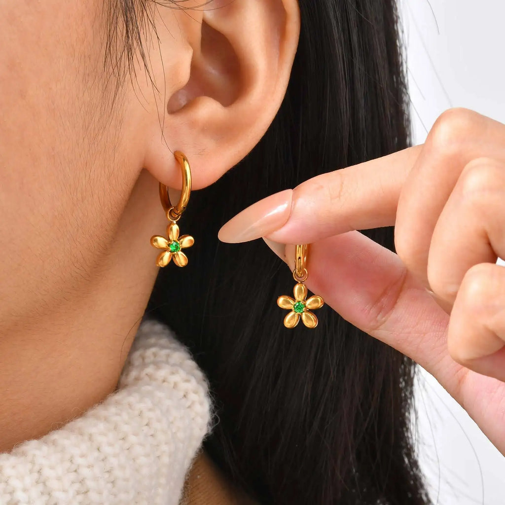 Zircon Flower Huggie Hoop Earrings | 18K Gold Plated Steel Huggie Hoop Earrings SPOT
