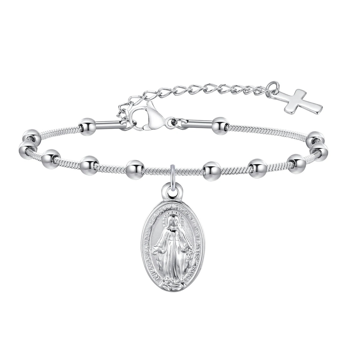 Virgin Mary St Benedict Cross Bracelet – Stainless Steel Religious Beaded Bracelet SPOT BR-1526S