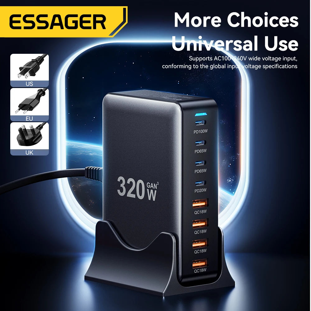 Essager 320W GaN 8-Port Desktop Charging Station USB-C PD 100W GaN Desktop Charger SPOT