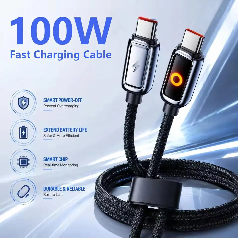 100W USB-C Fast Charge Cable 1M/2M – Auto Power Off, 6A USB Charging Cable SPOT