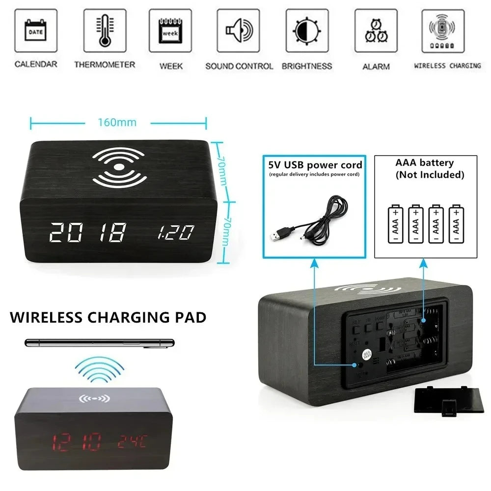 Wooden Digital Alarm Clock with Wireless Charging & LED Display Digital Alarm Clock SPOT