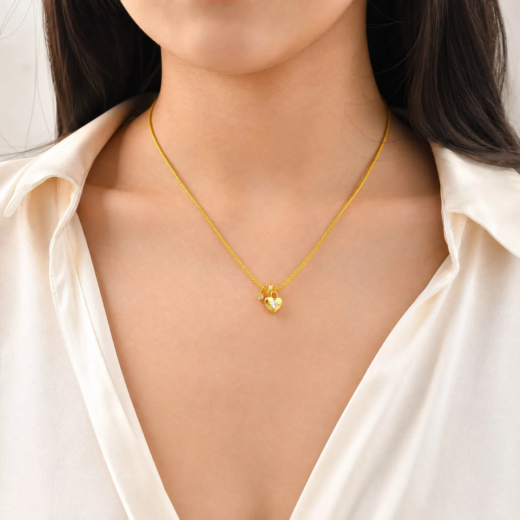 18K Gold Heart Lock Pendant Necklace – Zircon Wheat Chain Women Pendant Necklace SPOT