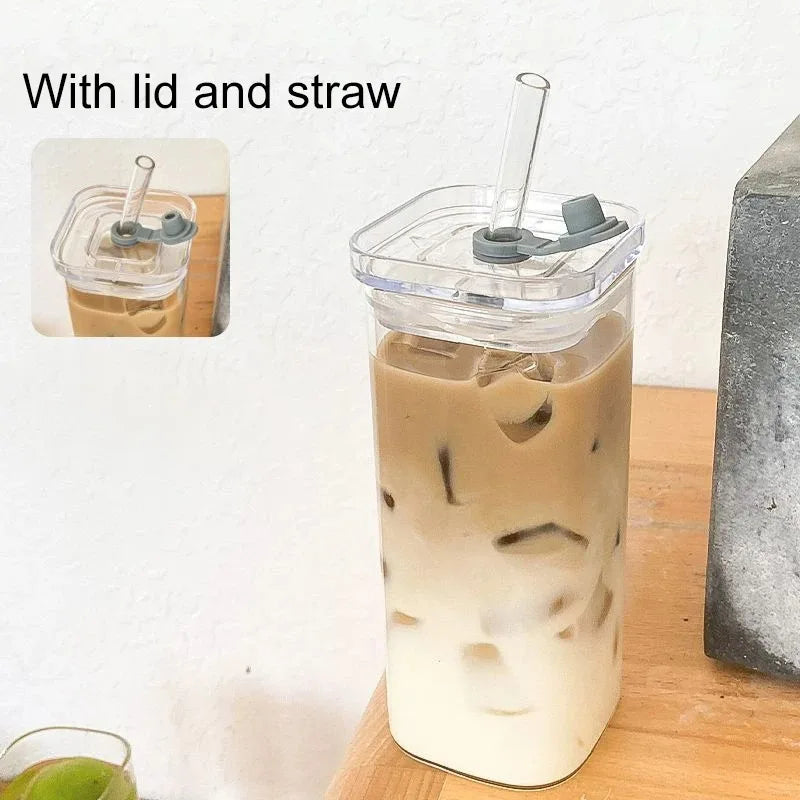 Square Glass Cup with Lid & Straw – 400ml Heat-Resistant Mug Glass Coffee Mug SPOT