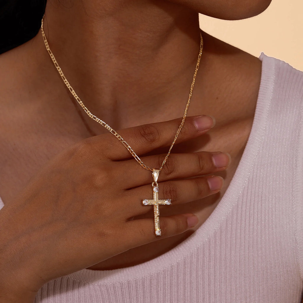 CZ Crucifix Cross Pendant Necklace – Gold Figaro Chain Cross Pendant Necklace SPOT
