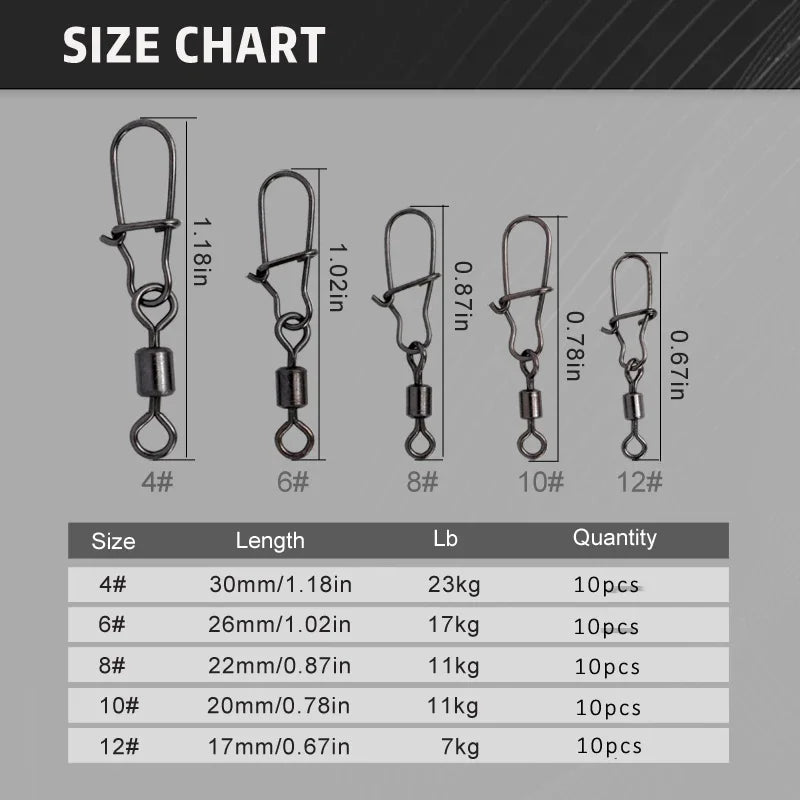 50-Pack Fishing Rolling Swivel Snap – Sizes 4# to 12# Fishing Swivel Snap SPOT