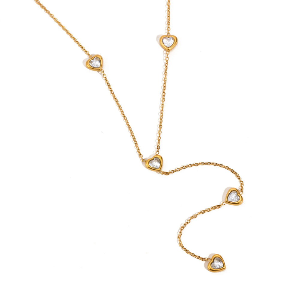 Women's Heart Zirconia Lariat Necklace | Gold Plated Steel Pendant Necklace SPOT