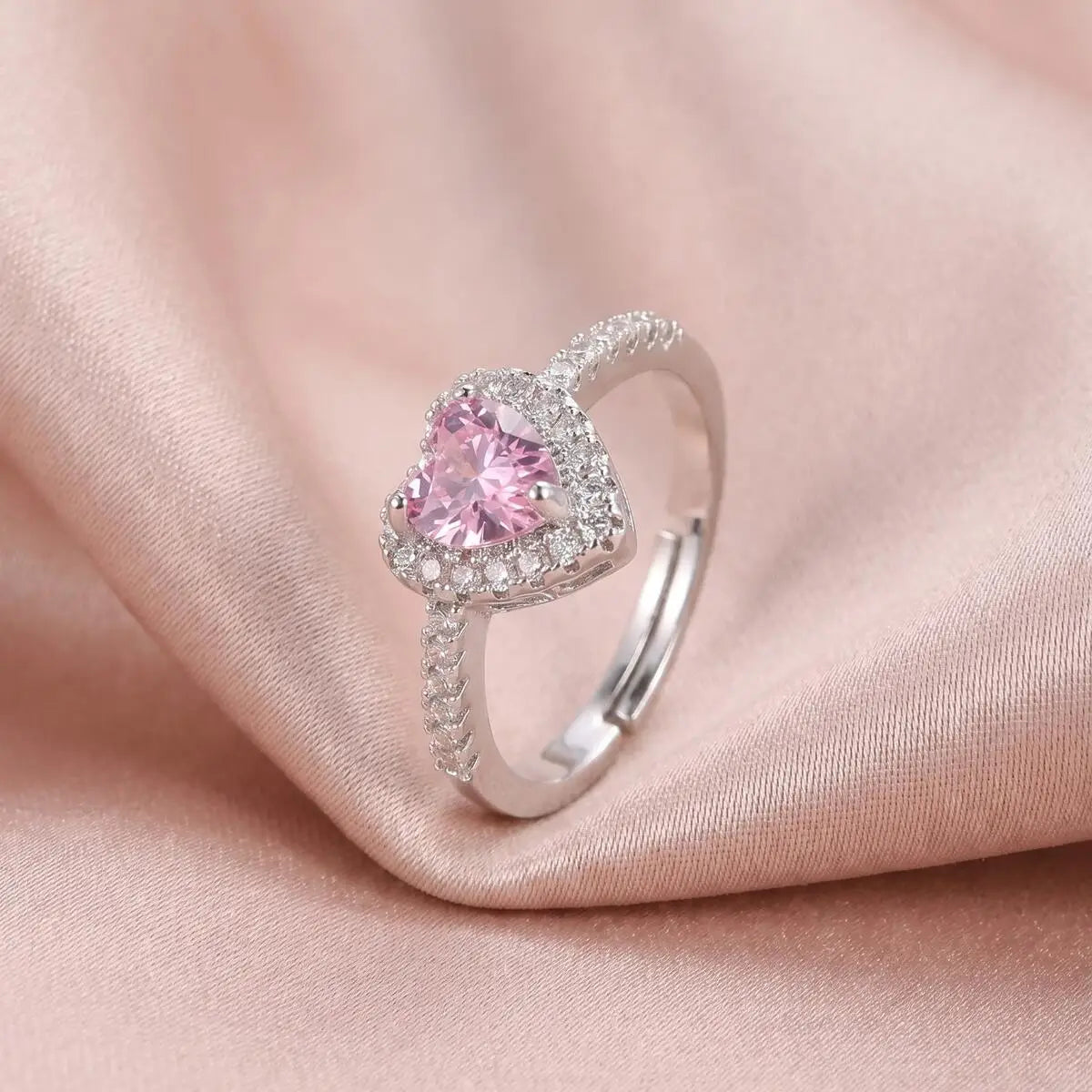 Adjustable Zircon Heart Ring for Women – Open Band, Silver Fashion Ring SPOT