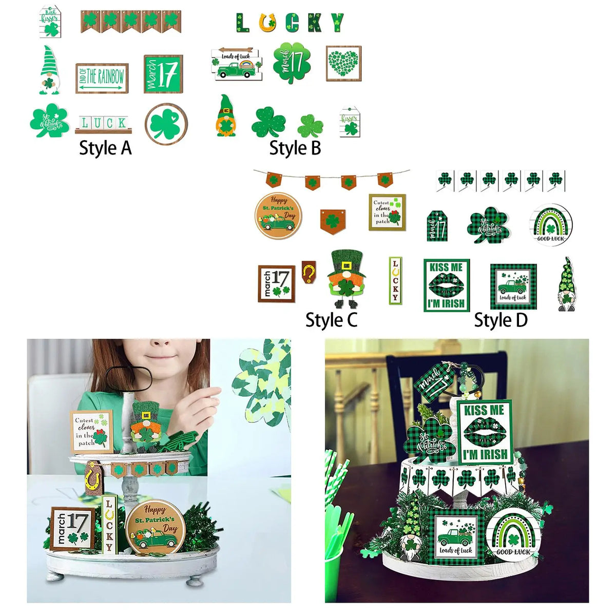St. Patrick's Day Tiered Tray Wooden Sign Decor Set Holiday Tray Decor SPOT